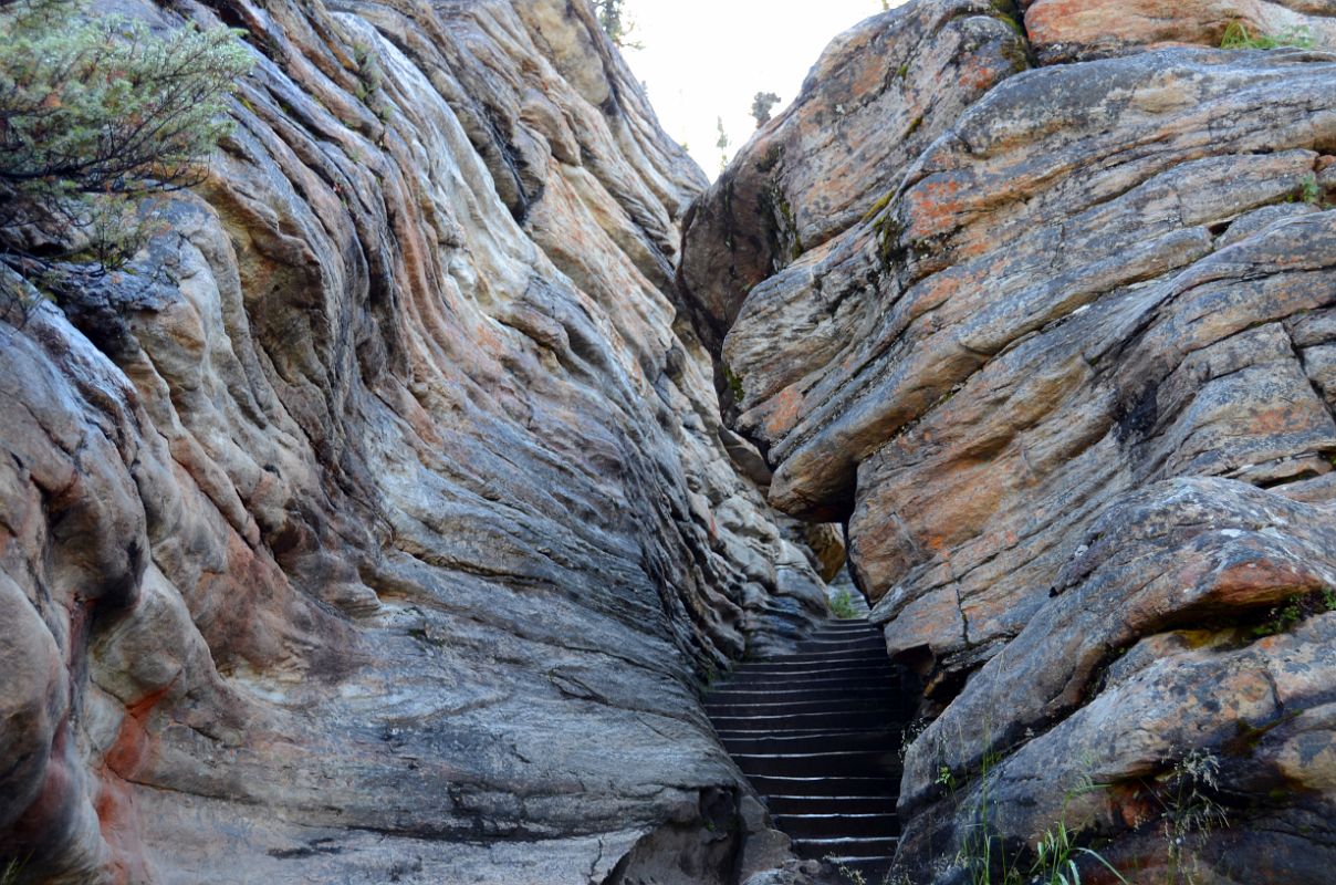 19 Colourful Limestone Cliff Next To Stone Stairs On Descent From Athabasca Falls To Athabasca River On Icefields Parkway